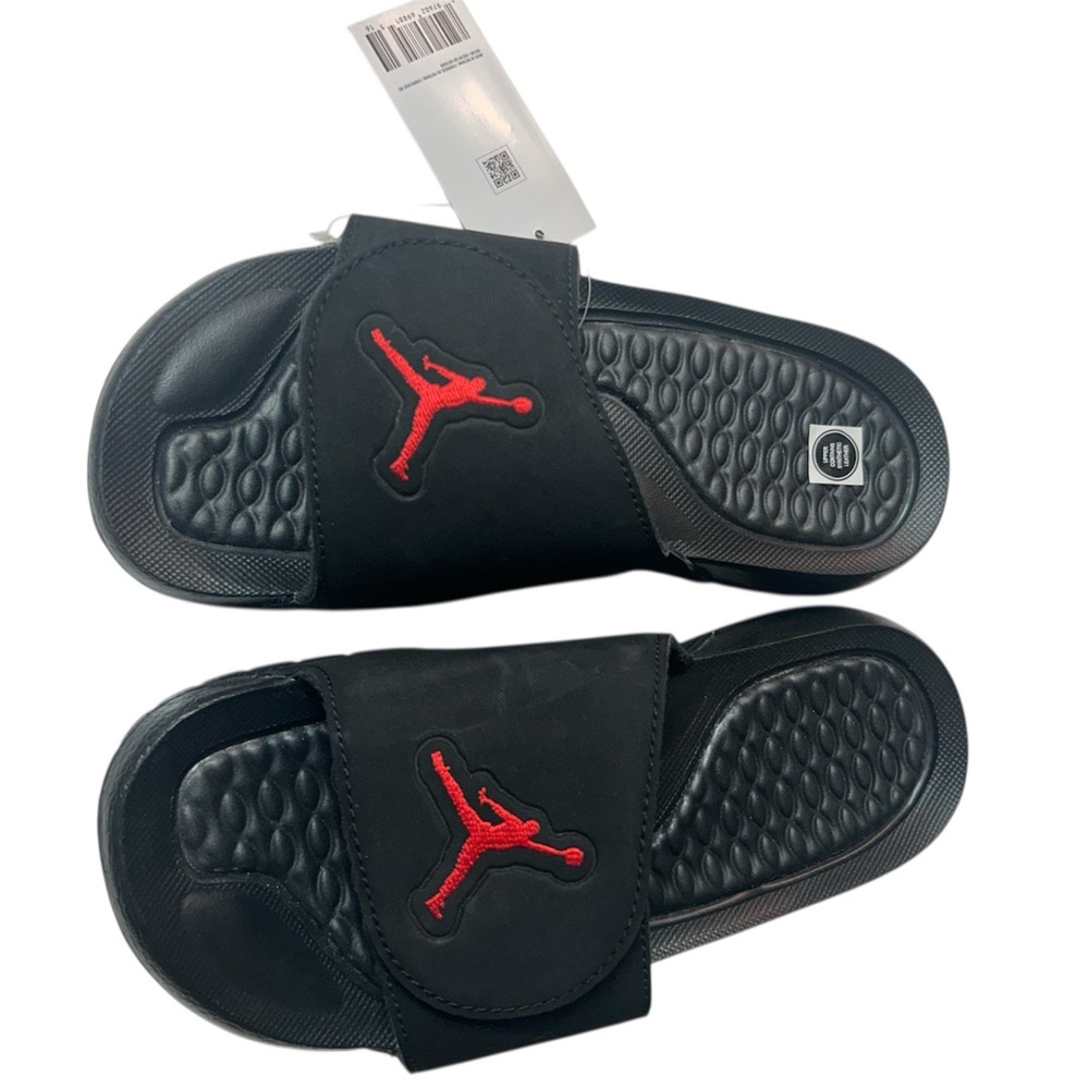 Jordan Kids Black and Red Slide Sandals Velcro top